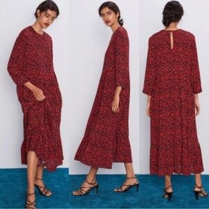 Zara Red and Black Animal Print Sleeved Long Midi Dress
